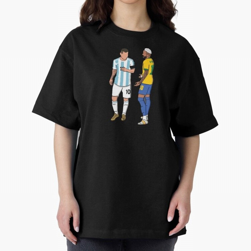 Messi and Neymar Chit Chat Illustration Oversized T-Shirt Celebrate Football Heritage in Global Football Passion for FIFA World Cup 2026, Inspired by Messi, Argentina, Sports Nostalgia, International Competition, Famous Players and Unforgettable