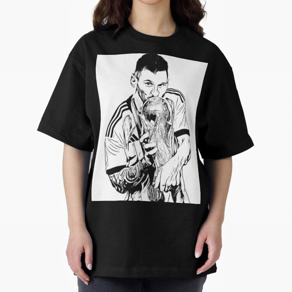 Lionel Messi white and black art Oversized T-Shirt Show Fan Pride Across FIFA World Cup 2026 for Fans of Haaland and Mbappe and England and Germany, Bringing Worldwide Fan Energy, Dramatic Goals, Stadium Lights and Championship Celebrations;