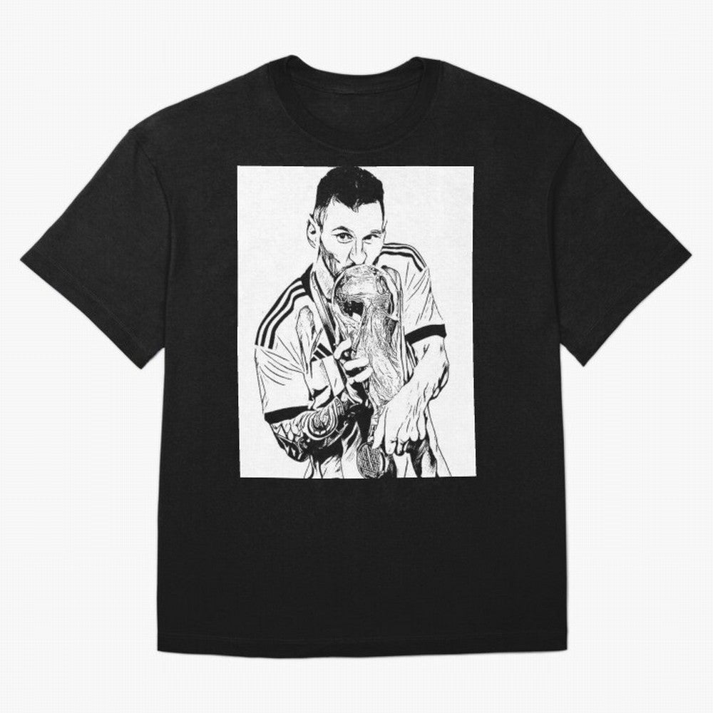 Lionel Messi white and black art Oversized T-Shirt Show Fan Pride Across FIFA World Cup 2026 for Fans of Haaland and Mbappe and England and Germany, Bringing Worldwide Fan Energy, Dramatic Goals, Stadium Lights and Championship Celebrations;