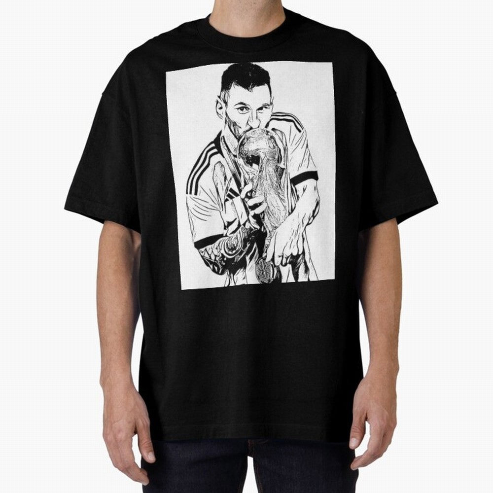 Lionel Messi white and black art Oversized T-Shirt Show Fan Pride Across FIFA World Cup 2026 for Fans of Haaland and Mbappe and England and Germany, Bringing Worldwide Fan Energy, Dramatic Goals, Stadium Lights and Championship Celebrations;