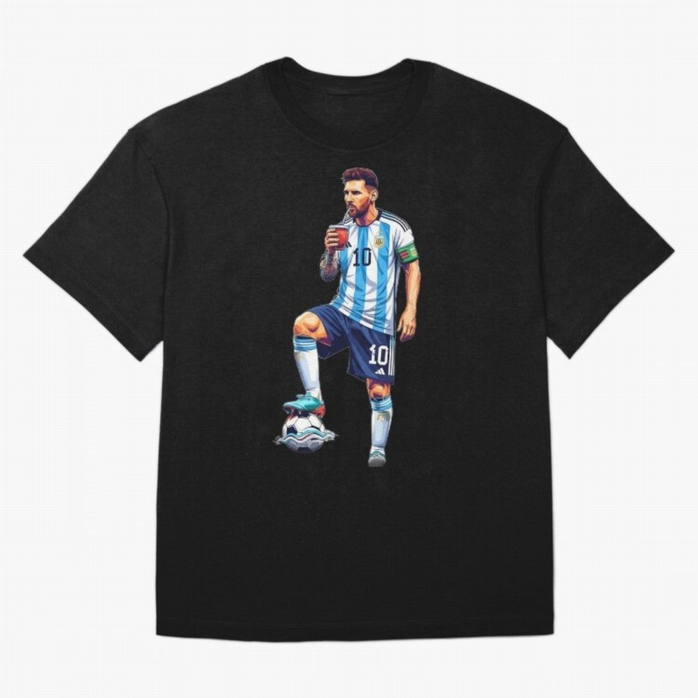 Messi in an illustrated style drinking mate ¨C The Goat Phone Case design Classic T-Shirt Feel the Trophy Chase of Global Football Passion for FIFA World Cup 2026 USA Canada Mexico, Driven by Messi, Neymar and Mbappe, France and Portugal, Goal