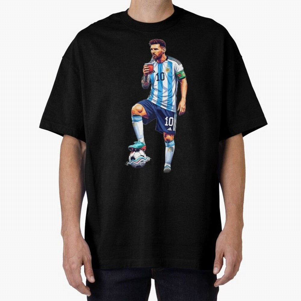 Messi in an illustrated style drinking mate ¨C The Goat Phone Case design Classic T-Shirt Feel the Trophy Chase of Global Football Passion for FIFA World Cup 2026 USA Canada Mexico, Driven by Messi, Neymar and Mbappe, France and Portugal, Goal