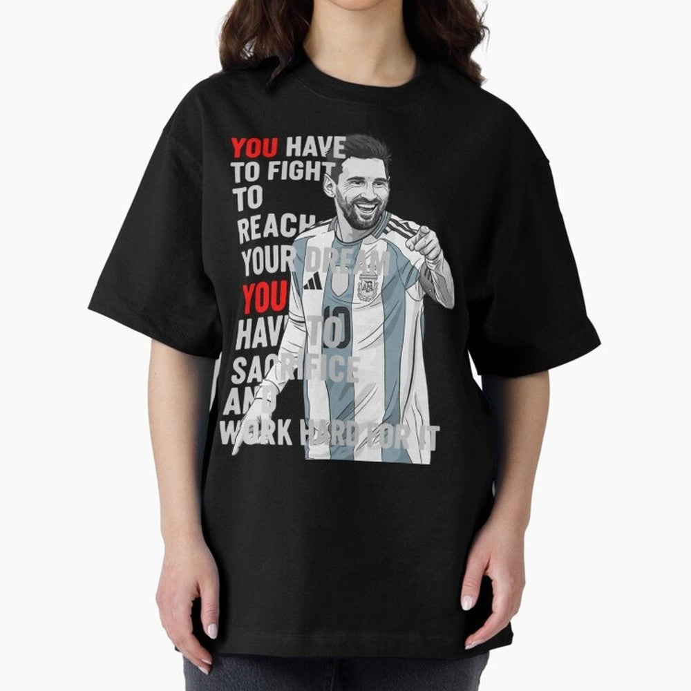 Lionel Messi Dream & Sacrifice Oversized T-Shirt Celebrate the Biggest Stage of FIFA World Cup 2026 Capturing Cristiano Ronaldo, Portugal, Spain and Germany Energy, Retro Football Energy, Iconic Rivalries, Trophy Chase Drama and Stadium Atmosphere;