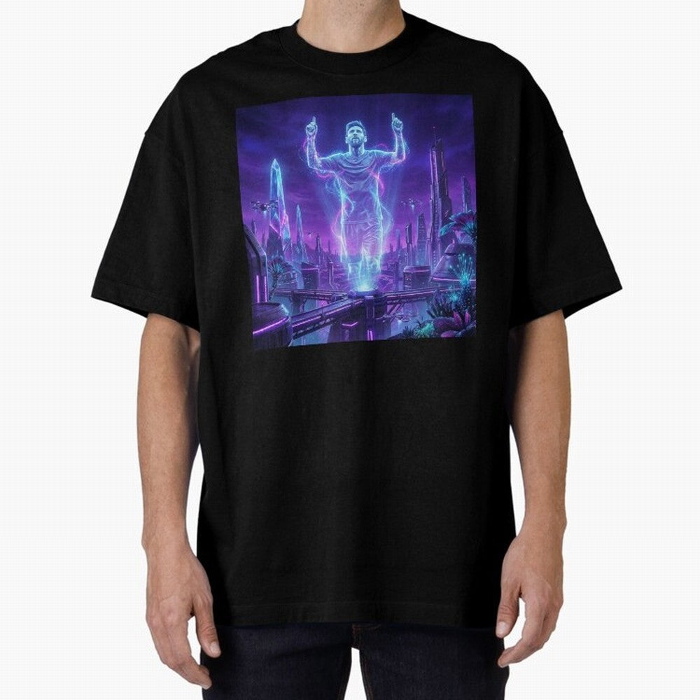 Lionel Messi (GOAT) Hologram in Futuristic Cyberpunk City (Version 2) Classic T-Shirt Honor the Football Icons of FIFA World Cup 2026 Group Stage Spirit, with Portugal, Messi, Championship Spirit, Famous Goals, Roaring Crowds and International
