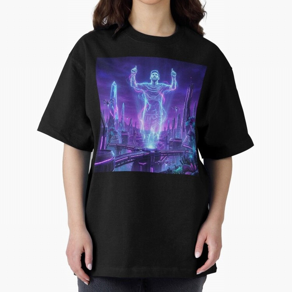 Lionel Messi (GOAT) Hologram in Futuristic Cyberpunk City (Version 2) Classic T-Shirt Honor the Football Icons of FIFA World Cup 2026 Group Stage Spirit, with Portugal, Messi, Championship Spirit, Famous Goals, Roaring Crowds and International