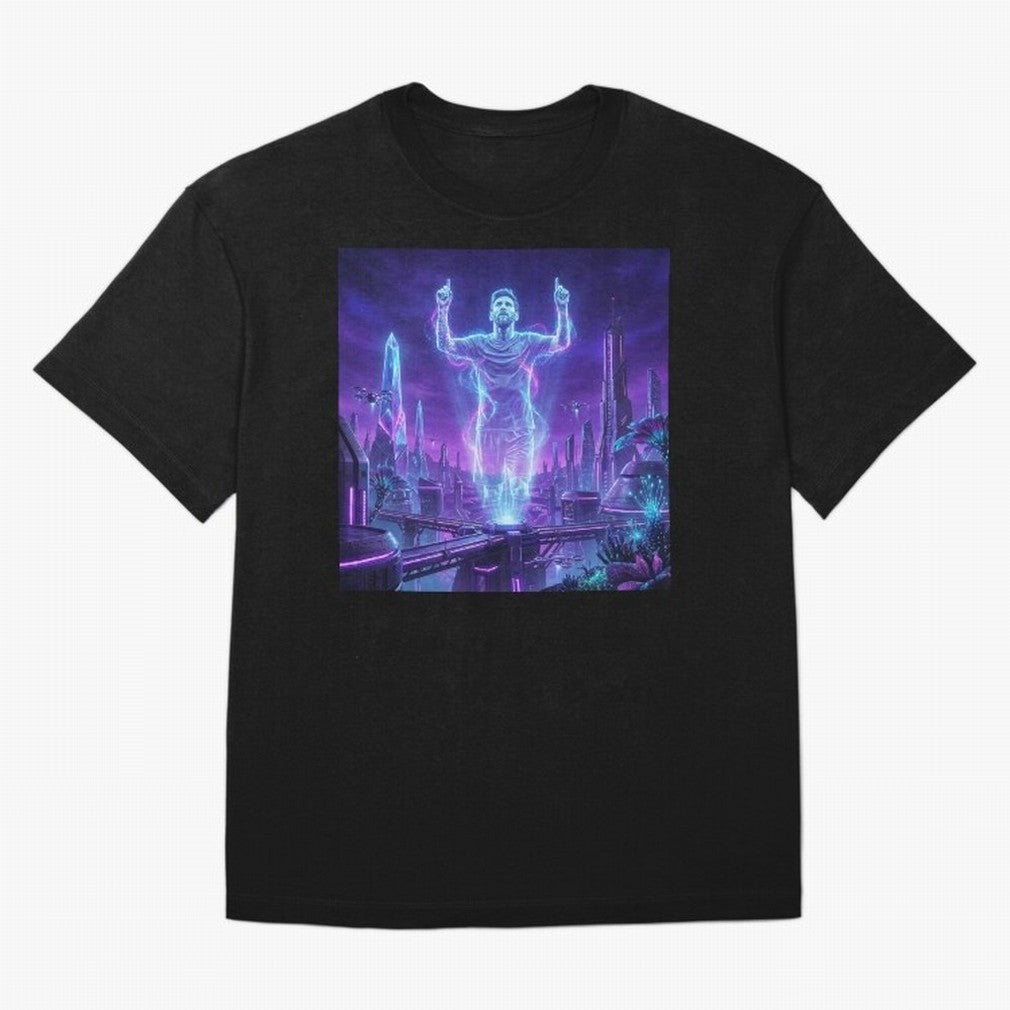 Lionel Messi (GOAT) Hologram in Futuristic Cyberpunk City (Version 2) Classic T-Shirt Honor the Football Icons of FIFA World Cup 2026 Group Stage Spirit, with Portugal, Messi, Championship Spirit, Famous Goals, Roaring Crowds and International