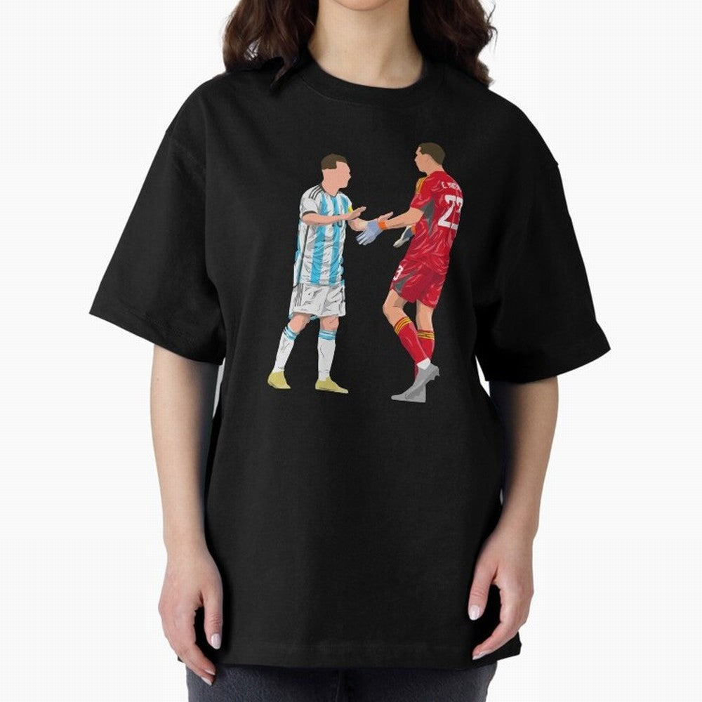 Messi and Martinez Celebrates World Cup 2022 Oversized T-Shirt Bring a Champion Mindset to the FIFA World Cup 2026 Journey through Messi and Cristiano Ronaldo Highlights, Argentina Pride, Vintage Soccer Flavor, Modern Football Stars, National Flags