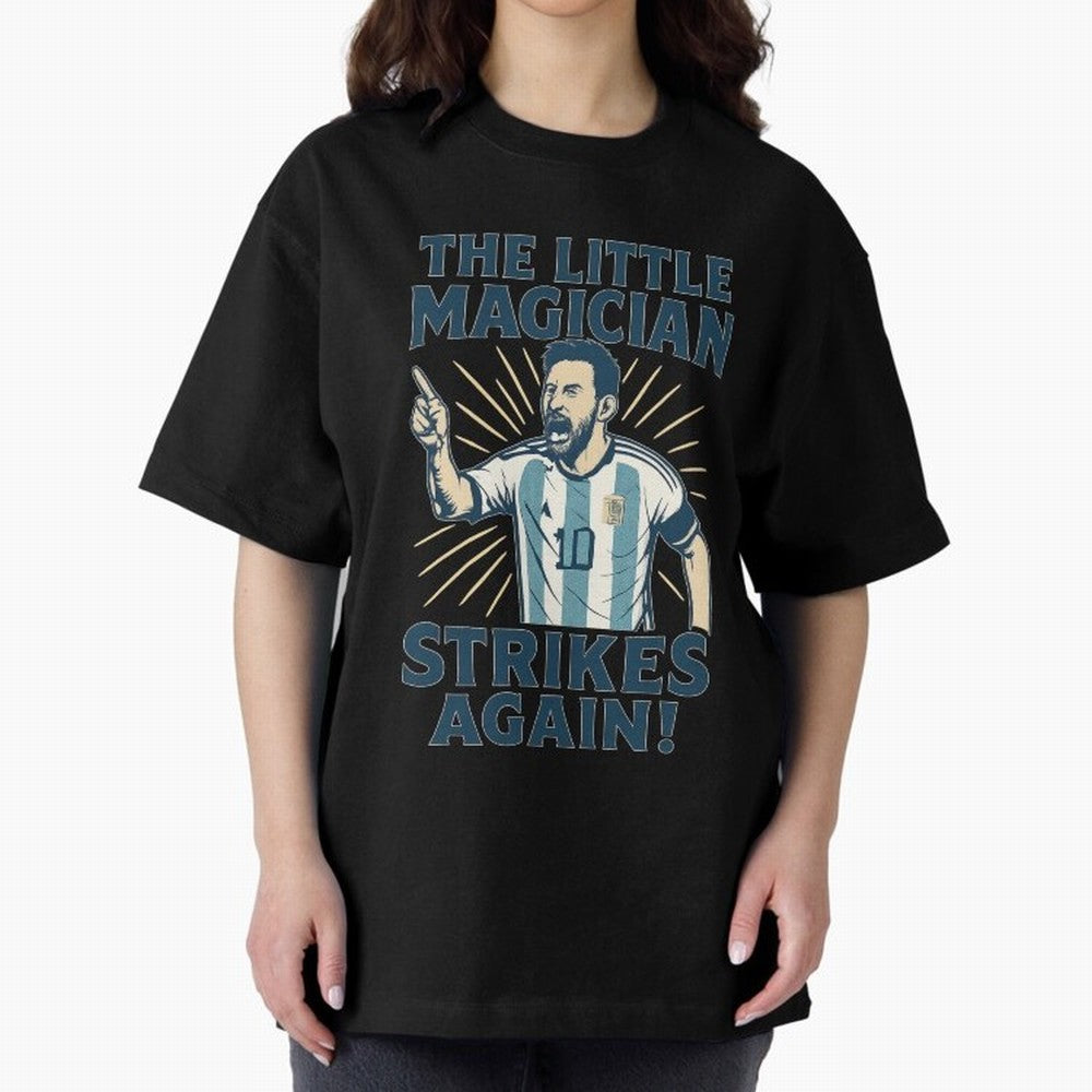 Messi - The Magician Oversized T-Shirt Support Global Football Passion for FIFA World Cup 2026 Group Stage, Highlighting Messi, Neymar and Mbappe, Argentina, Match Day Excitement, Supporter Culture, Golden Goals and Global Football Passion; Made