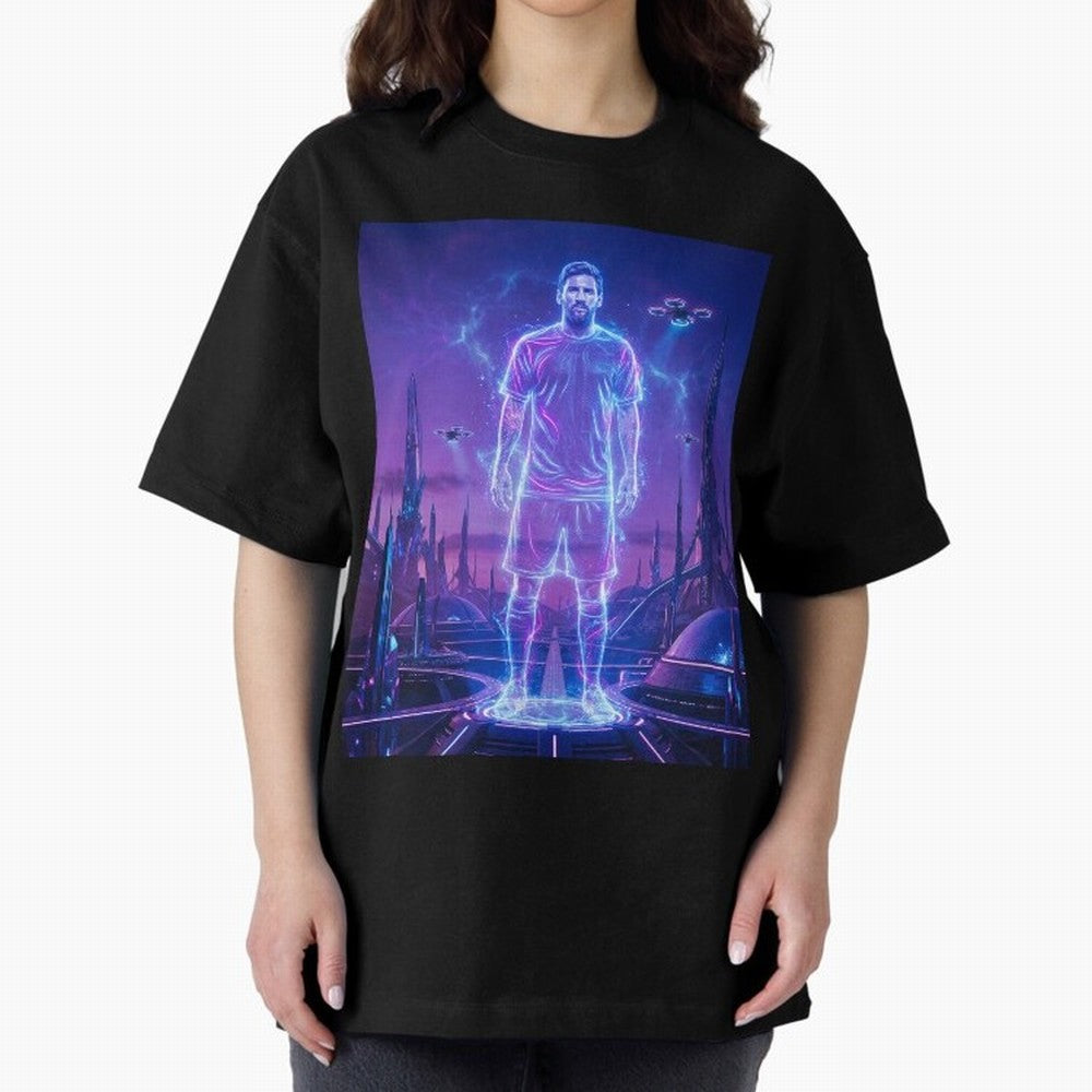 Lionel Messi (GOAT) Hologram in Futuristic Cyberpunk City (Version 4) Classic T-Shirt Back the Journey through FIFA World Cup 2026 Spirit, Celebrating England, France and Netherlands, Messi, Goal Celebration Energy, Supporter Heritage, Football