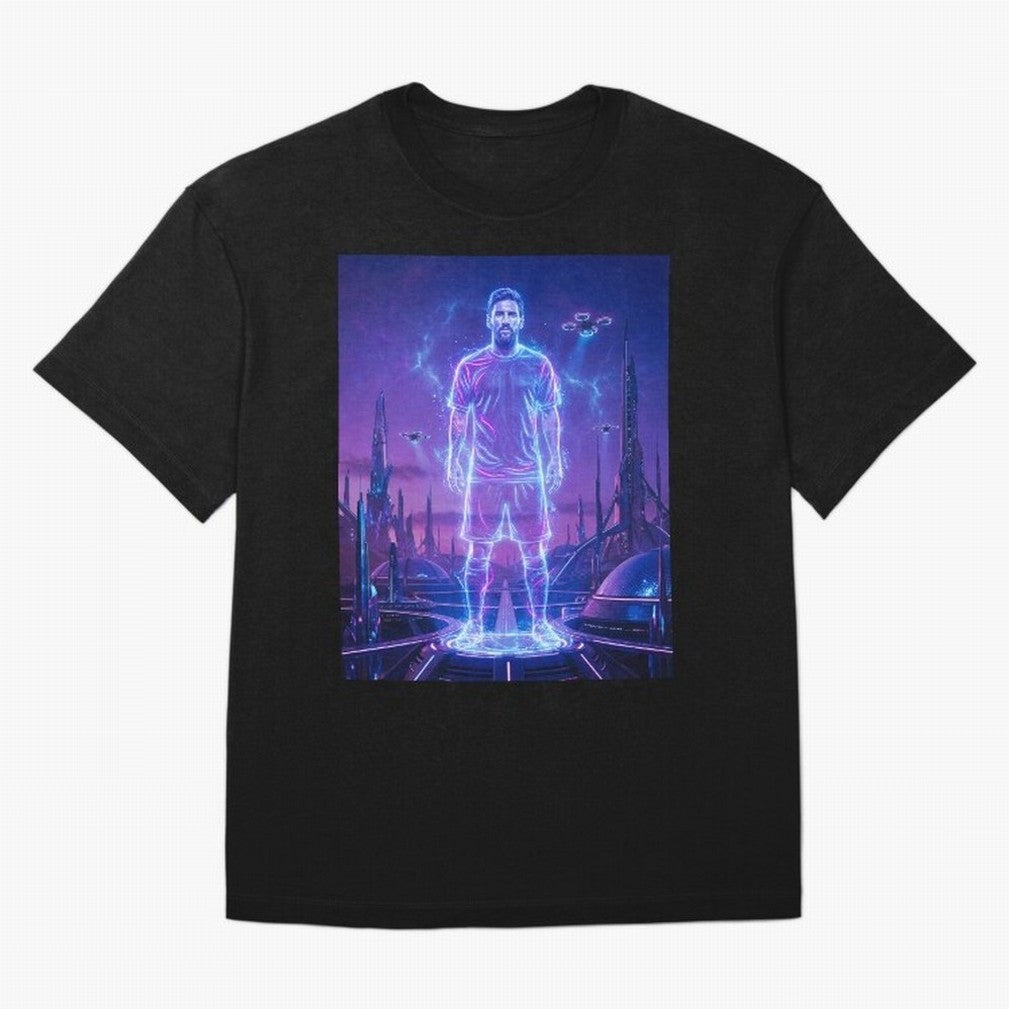Lionel Messi (GOAT) Hologram in Futuristic Cyberpunk City (Version 4) Classic T-Shirt Back the Journey through FIFA World Cup 2026 Spirit, Celebrating England, France and Netherlands, Messi, Goal Celebration Energy, Supporter Heritage, Football