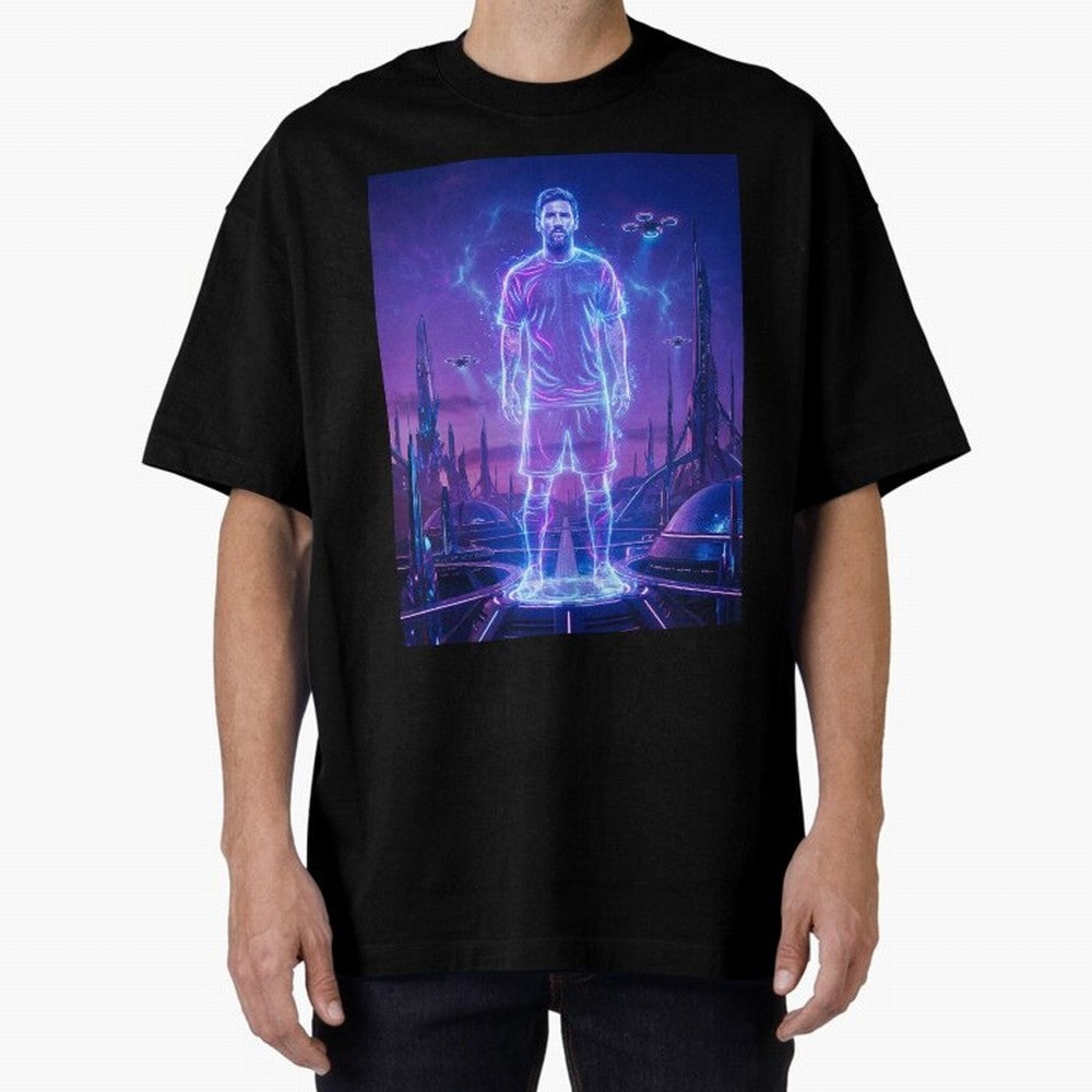 Lionel Messi (GOAT) Hologram in Futuristic Cyberpunk City (Version 4) Classic T-Shirt Back the Journey through FIFA World Cup 2026 Spirit, Celebrating England, France and Netherlands, Messi, Goal Celebration Energy, Supporter Heritage, Football