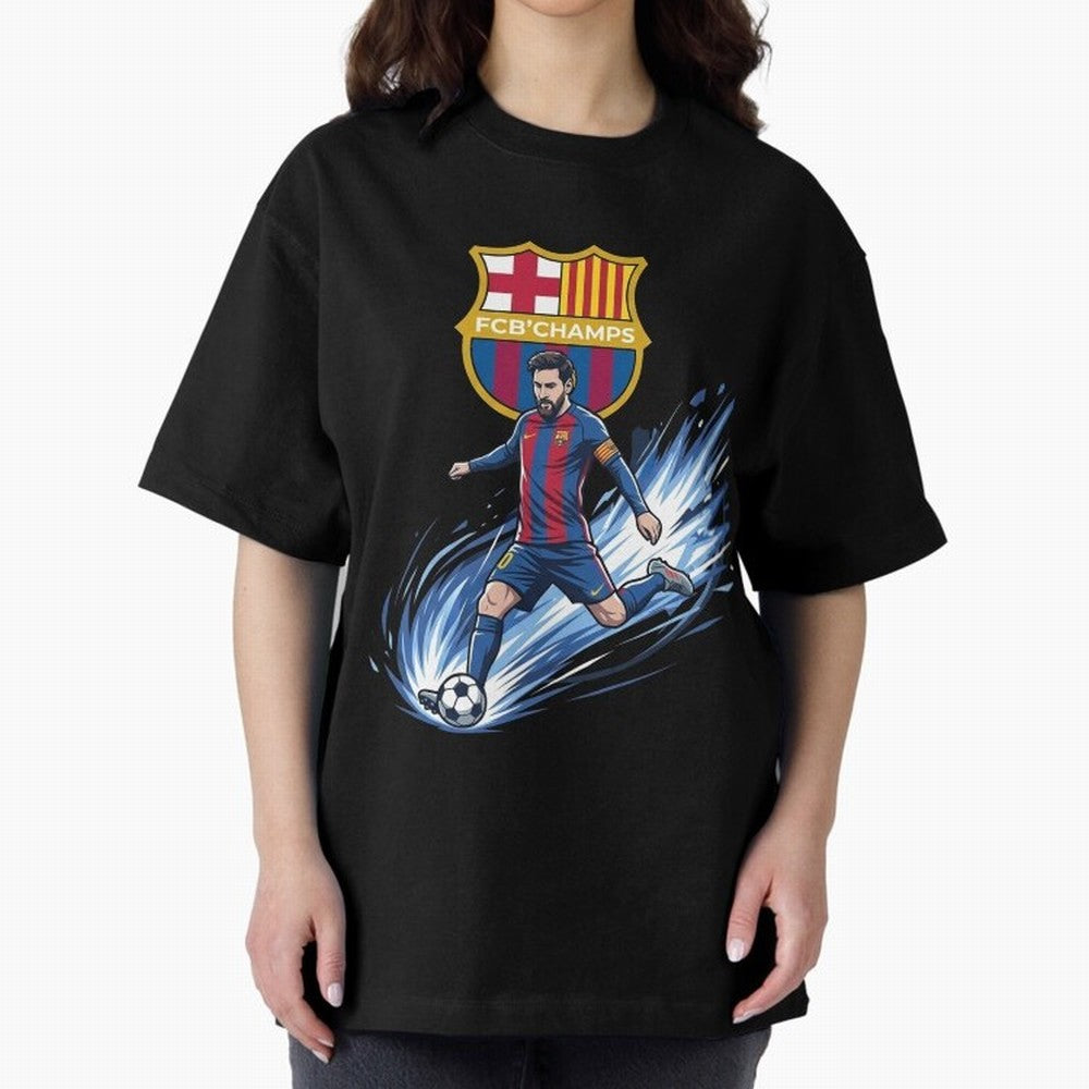 FC Barcelona Champs - The Goat Edition Oversized T-Shirt Stand Out with Spirit from Global Football Passion for FIFA World Cup 2026 Group Stage, Built around Messi, CR7 and Mbappe, France, Global Supporter Spirit, Legendary Goals, National Colors