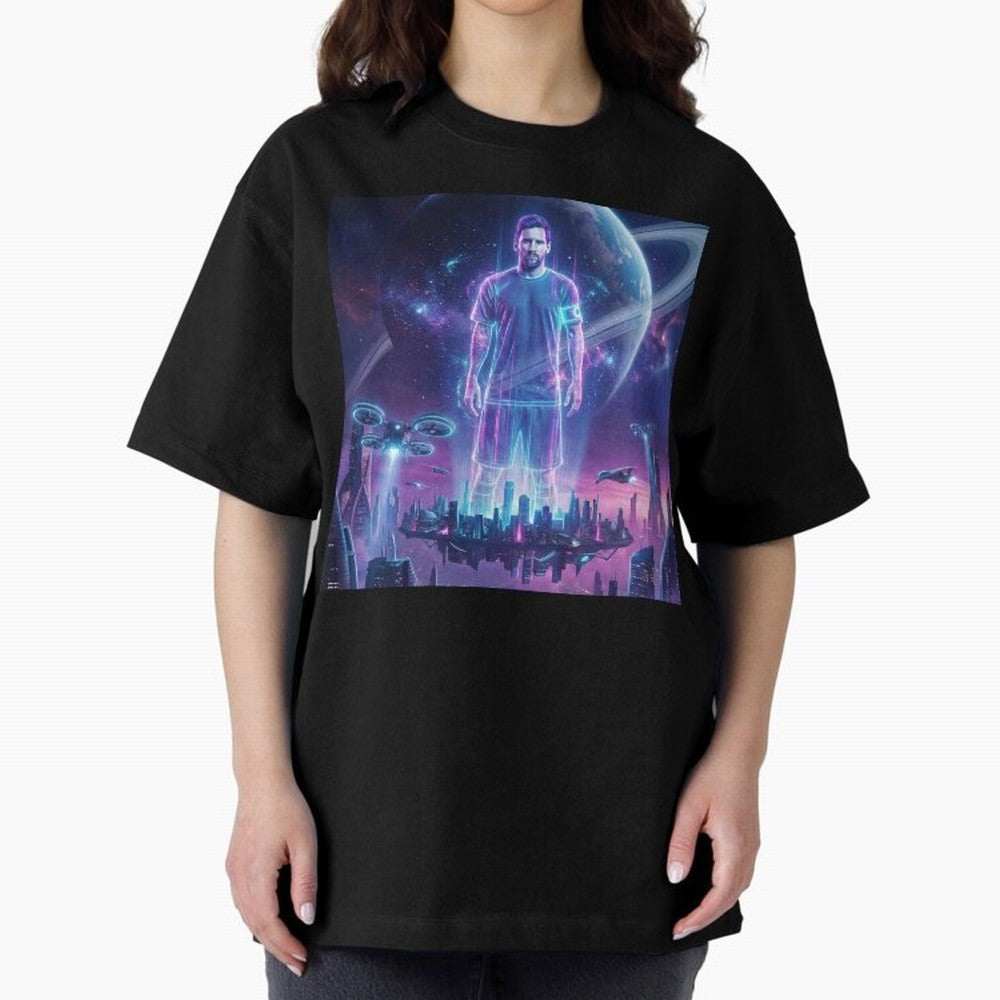 Lionel Messi (GOAT) Hologram in Futuristic Cyberpunk City (Version 3) Classic T-Shirt Cheer through Every Moment of FIFA World Cup 2026 Group Stage for Fans of Cristiano Ronaldo, Haaland and CR7 and Spain, Bringing Stadium Memories, Football