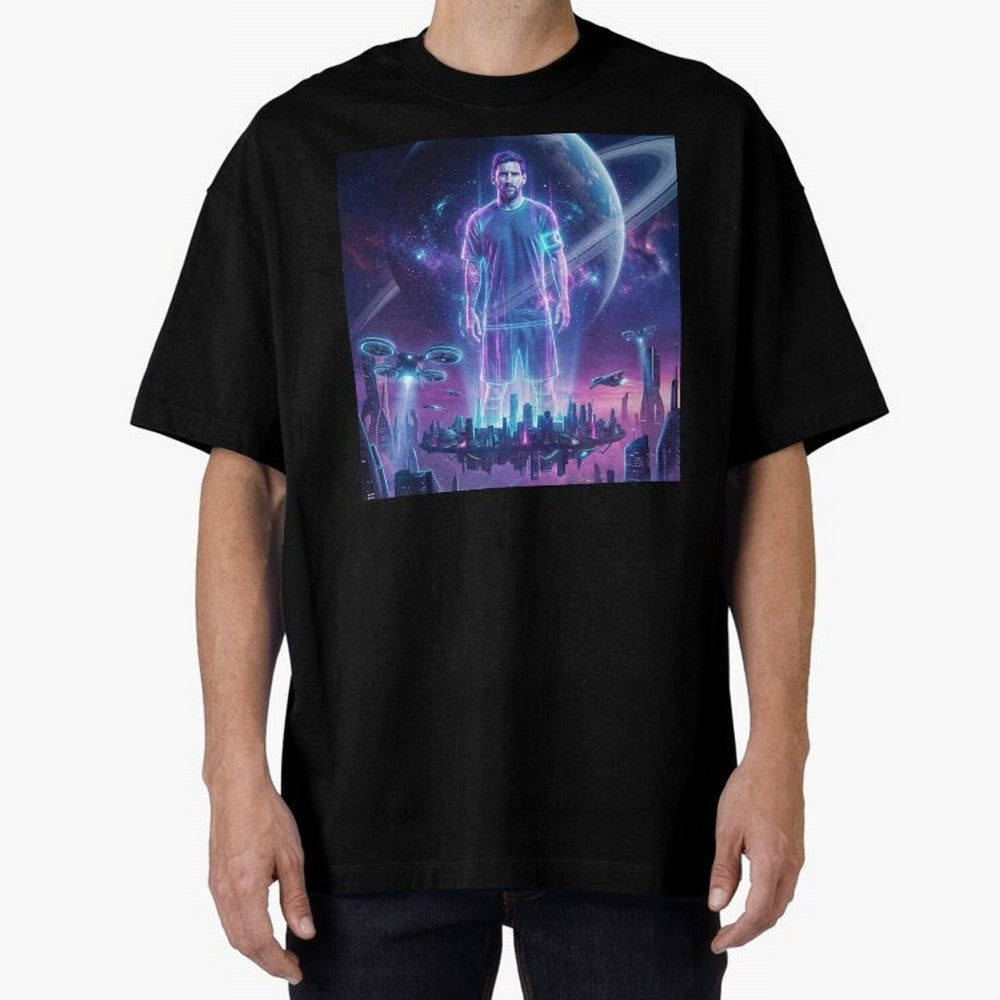 Lionel Messi (GOAT) Hologram in Futuristic Cyberpunk City (Version 3) Classic T-Shirt Cheer through Every Moment of FIFA World Cup 2026 Group Stage for Fans of Cristiano Ronaldo, Haaland and CR7 and Spain, Bringing Stadium Memories, Football