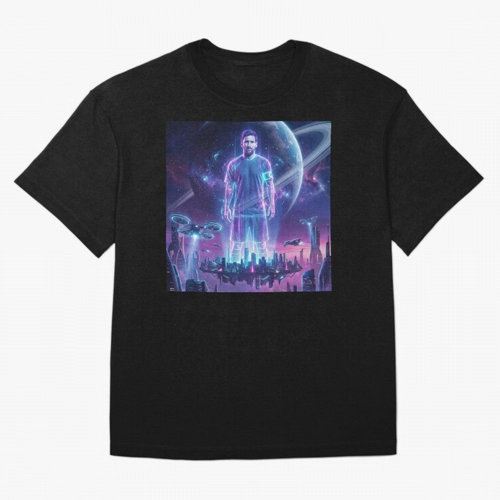Lionel Messi (GOAT) Hologram in Futuristic Cyberpunk City (Version 3) Classic T-Shirt Cheer through Every Moment of FIFA World Cup 2026 Group Stage for Fans of Cristiano Ronaldo, Haaland and CR7 and Spain, Bringing Stadium Memories, Football