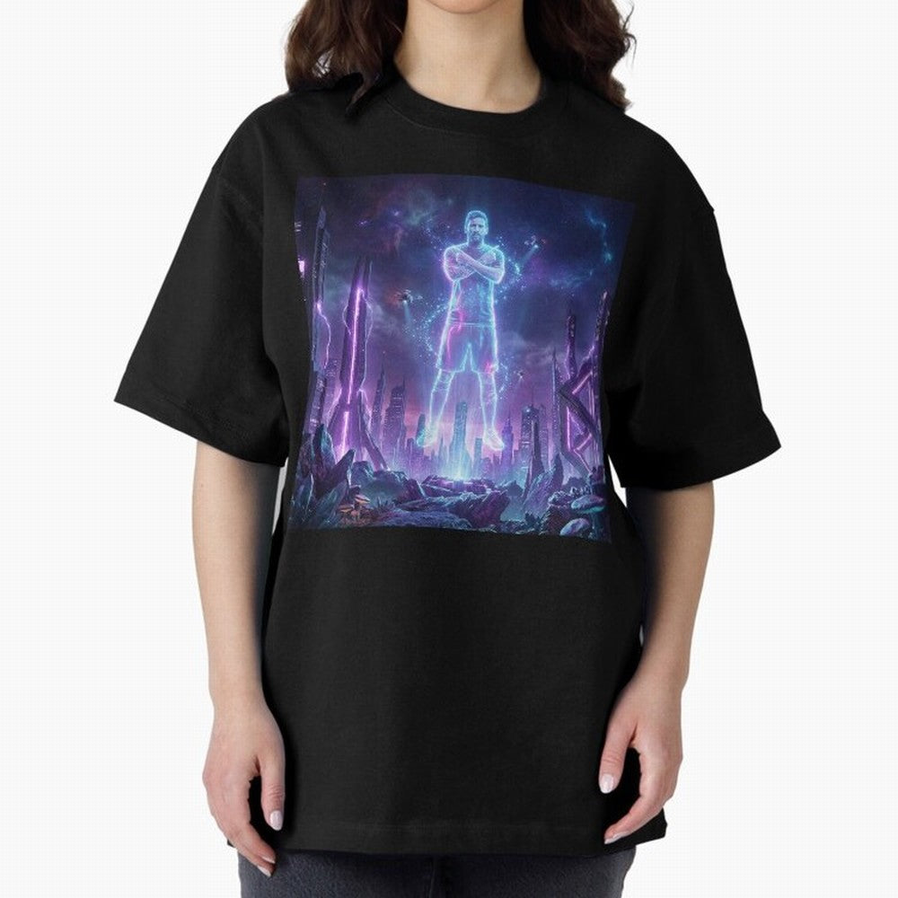 Lionel Messi (GOAT) Hologram in Futuristic Cyberpunk City Classic T-Shirt Celebrate National Team Dreams in FIFA World Cup 2026 Group Stage for Fans of Messi and Germany, Bringing Soccer Culture, Superstar Moments, National Team Dreams and