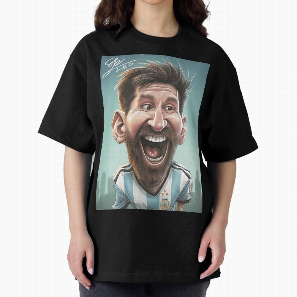Lionel Messi Caricature Art with Autograph Oversized T-Shirt Celebrate Football Dreams Across FIFA World Cup 2026 USA Canada Mexico for Fans of Cristiano Ronaldo and Germany, Bringing Football Passion, Legendary Performances, Festival Vibes and