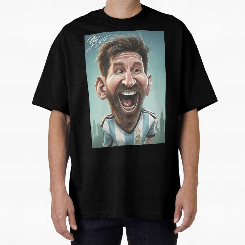 Lionel Messi Caricature Art with Autograph Oversized T-Shirt Celebrate Football Dreams Across FIFA World Cup 2026 USA Canada Mexico for Fans of Cristiano Ronaldo and Germany, Bringing Football Passion, Legendary Performances, Festival Vibes and