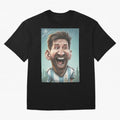 Lionel Messi Caricature Art with Autograph Oversized T-Shirt Celebrate Football Dreams Across FIFA World Cup 2026 USA Canada Mexico for Fans of Cristiano Ronaldo and Germany, Bringing Football Passion, Legendary Performances, Festival Vibes and