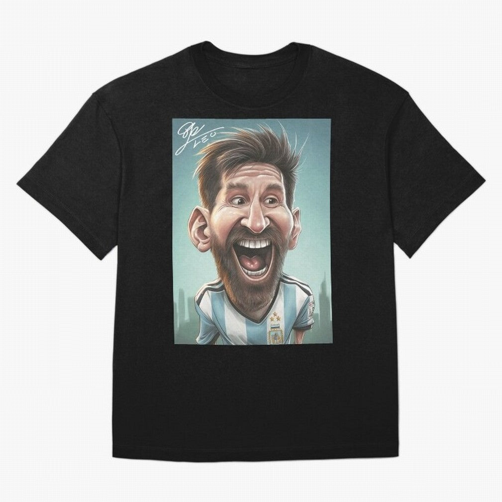 Lionel Messi Caricature Art with Autograph Oversized T-Shirt Celebrate Football Dreams Across FIFA World Cup 2026 USA Canada Mexico for Fans of Cristiano Ronaldo and Germany, Bringing Football Passion, Legendary Performances, Festival Vibes and