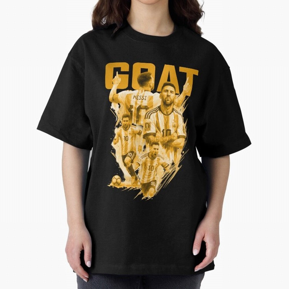 GOLD GOAT Lionel Messi watercolor illustration Oversized T-Shirt Follow FIFA World Cup 2026 Group Stage Featuring Cristiano Ronaldo, Haaland and CR7, Portugal, Spain and Germany Energy, Sports Nostalgia, International Competition, Famous Players
