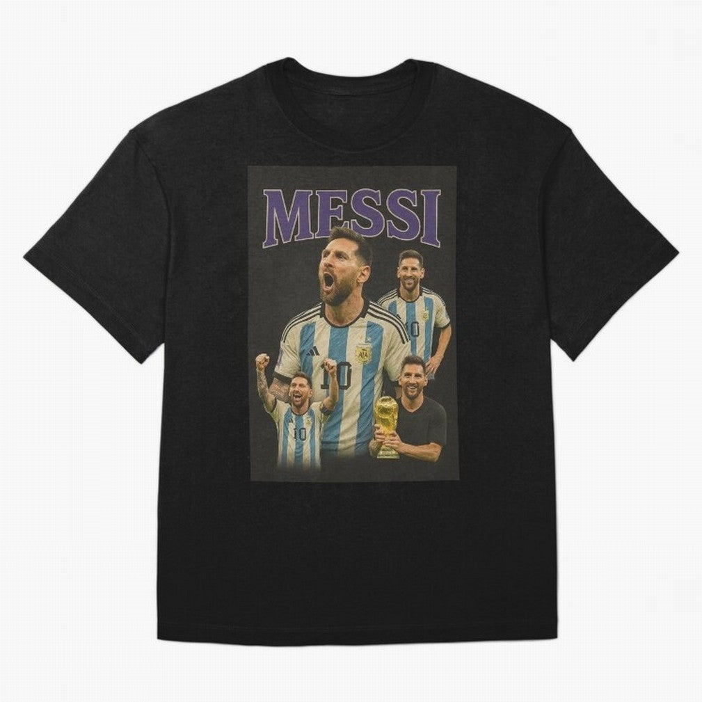 Lionel Messi Retro T-Shirt | 90s Football GOAT Collage Tee Boxy T-Shirt Experience FIFA World Cup 2026 Spirit, Driven by Portugal, Mbappe and Neymar, Retro Football Energy, Iconic Rivalries, Trophy Chase Drama and Stadium Atmosphere; Ideal for Fans