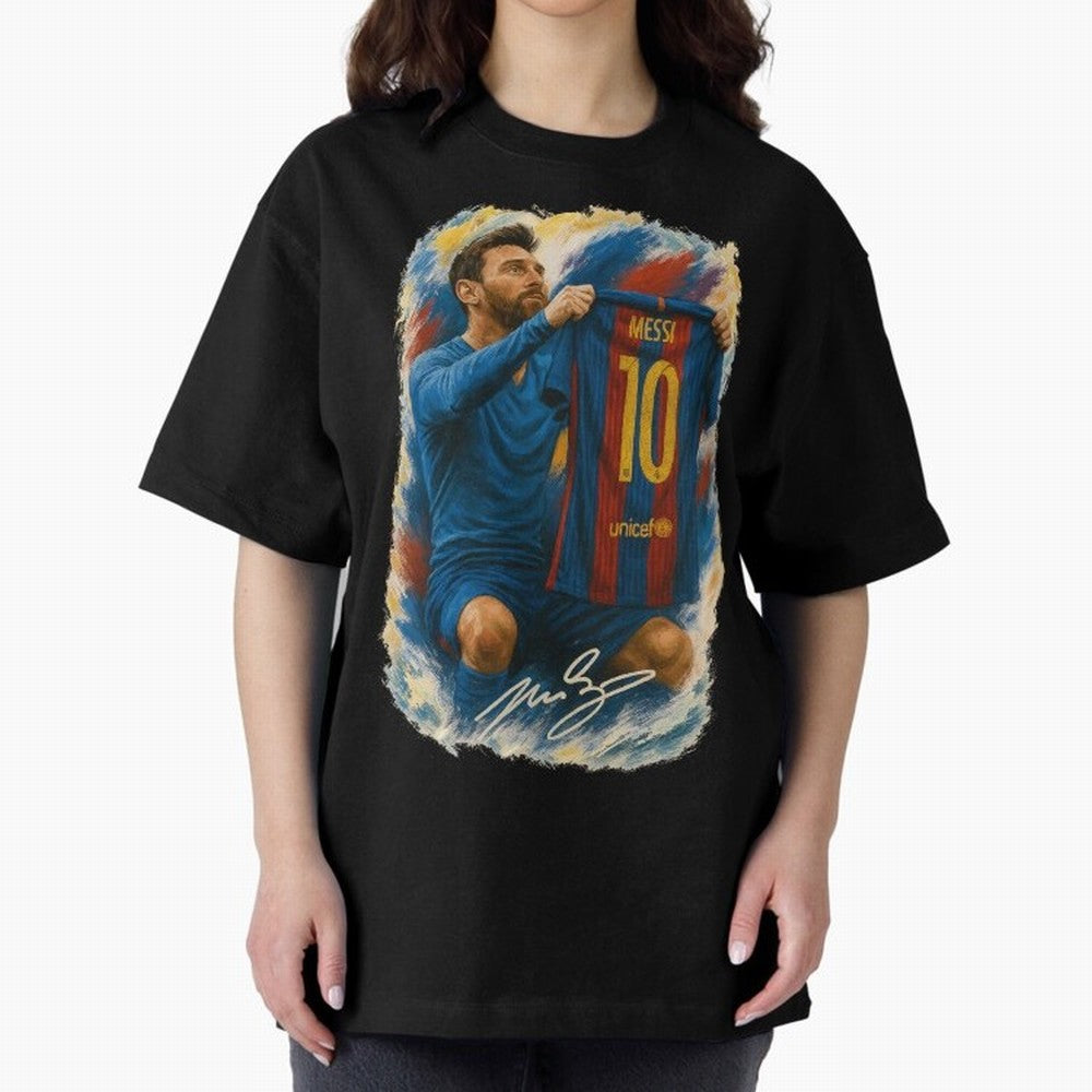 Messi Shirt Celebration Poster ¨C Iconic FC Barcelona Number 10 Artwork Oversized T-Shirt Spotlight Match Day Hype around FIFA World Cup 2026, Neymar, Haaland and Cristiano Ronaldo, Germany, Classic Soccer Heritage, Championship Pressure, Fan