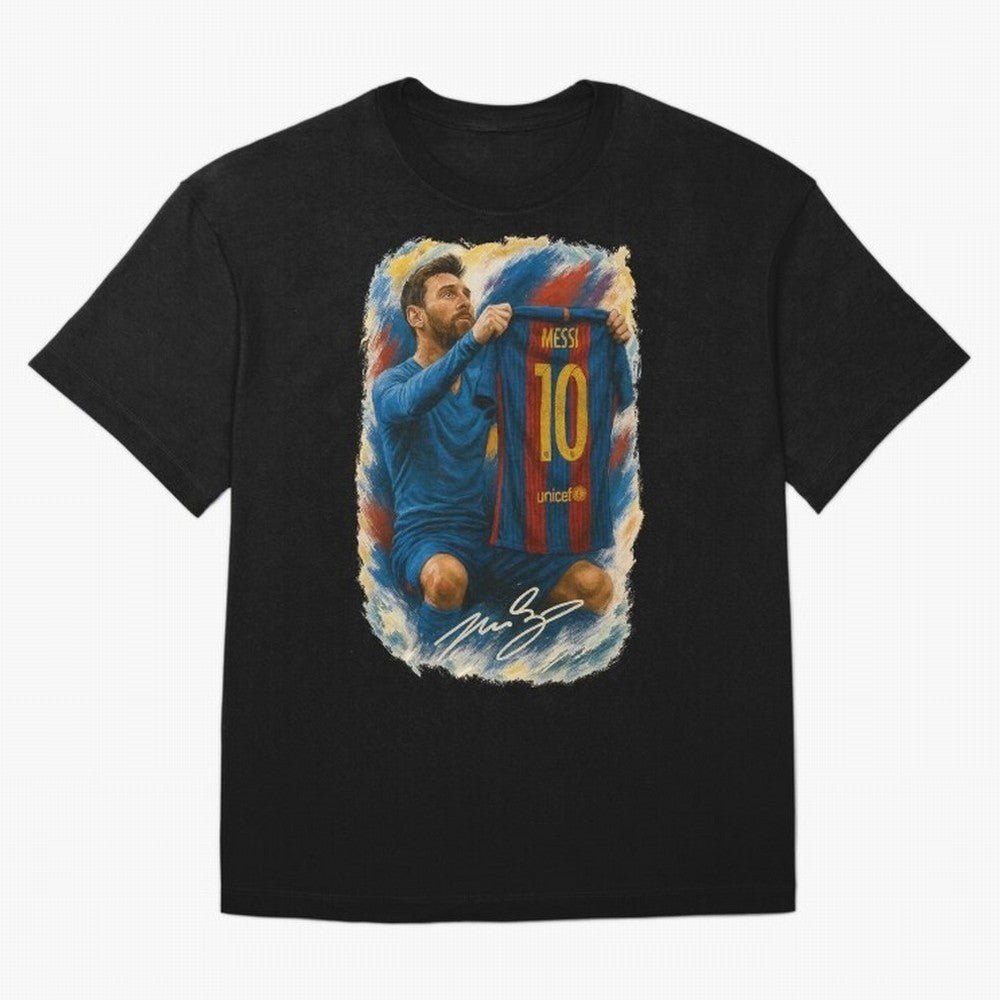 Messi Shirt Celebration Poster ¨C Iconic FC Barcelona Number 10 Artwork Oversized T-Shirt Spotlight Match Day Hype around FIFA World Cup 2026, Neymar, Haaland and Cristiano Ronaldo, Germany, Classic Soccer Heritage, Championship Pressure, Fan