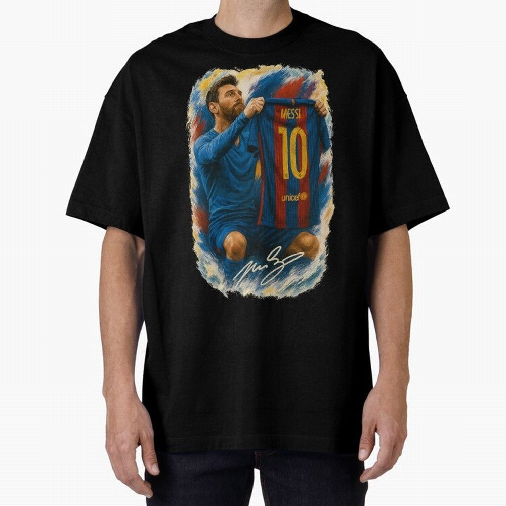 Messi Shirt Celebration Poster ¨C Iconic FC Barcelona Number 10 Artwork Oversized T-Shirt Spotlight Match Day Hype around FIFA World Cup 2026, Neymar, Haaland and Cristiano Ronaldo, Germany, Classic Soccer Heritage, Championship Pressure, Fan