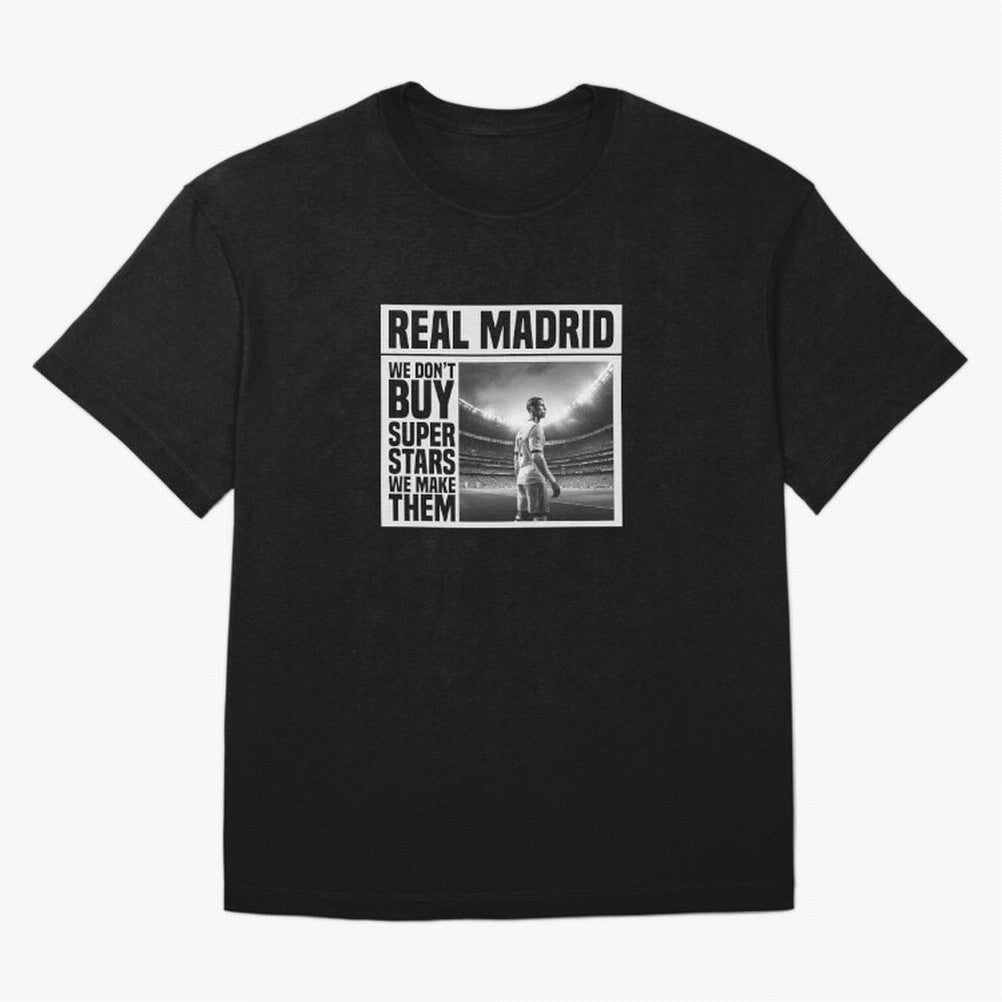 Real Madrid Makes Superstars Essential T-Shirt Join Global Football Passion for FIFA World Cup 2026 USA Canada Mexico, Filled with Mbappe and Neymar, Spain, Goal Celebration Energy, Supporter Heritage, Football Icons and Worldwide Tournament Joy;
