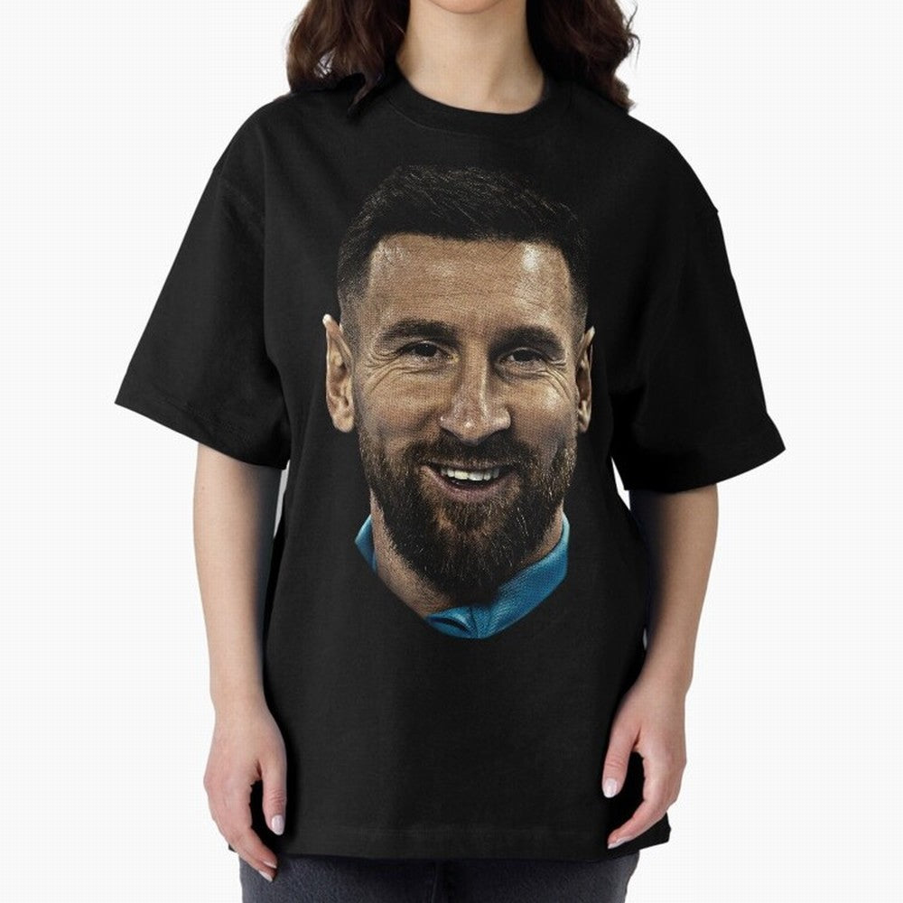 Messi Iconic Smile - Streetwear Style Portrait Premium T-Shirt Show Up for the Glory of Global Football Passion for FIFA World Cup 2026 USA Canada Mexico, Celebrating CR7, Portugal, Spain and Germany, Stadium Memories, Football Loyalty,