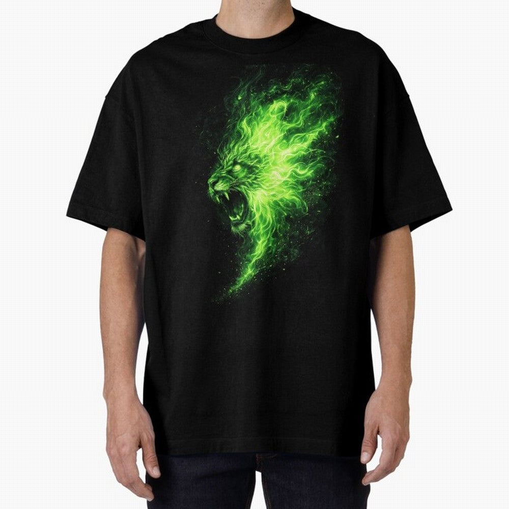 Neon Green Flame Lion ¨C Glowing Fire Roar Beast Graphic | Dark Aesthetic Streetwear Design Graphic T-Shirt Celebrate Rivalries and Pride in FIFA World Cup 2026 Group Stage for Fans of Haaland and Mbappe and Spain and Netherlands, Bringing Goal