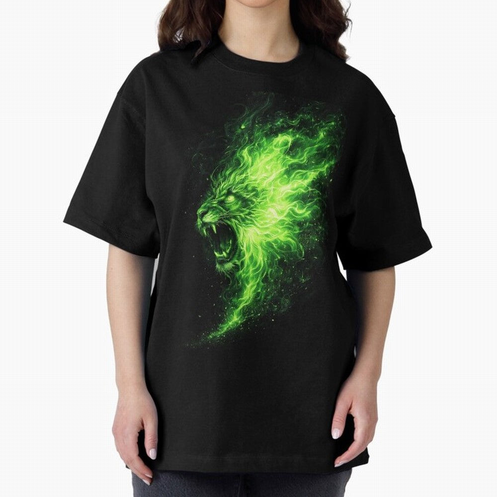 Neon Green Flame Lion ¨C Glowing Fire Roar Beast Graphic | Dark Aesthetic Streetwear Design Graphic T-Shirt Celebrate Rivalries and Pride in FIFA World Cup 2026 Group Stage for Fans of Haaland and Mbappe and Spain and Netherlands, Bringing Goal