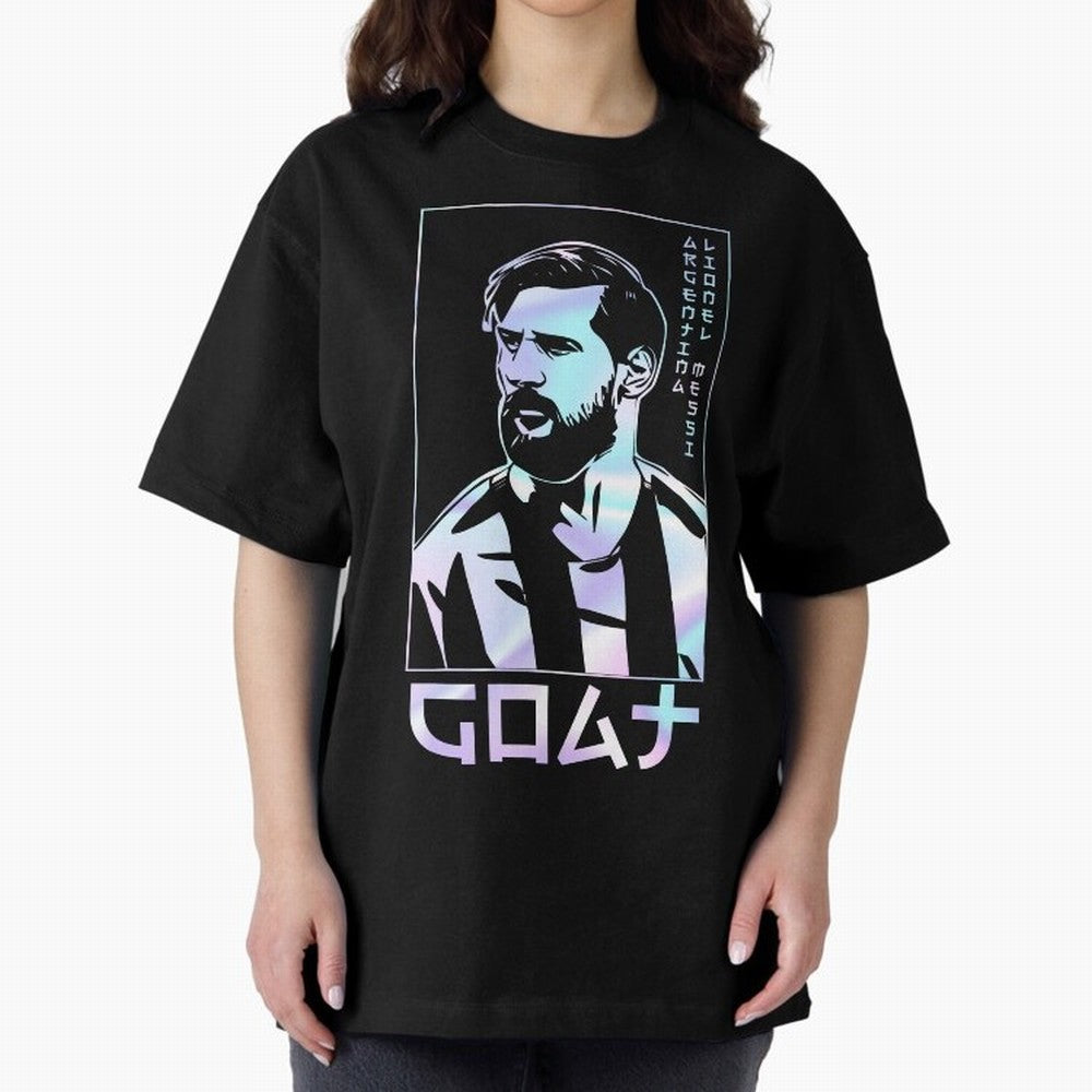 Lionel Messi Holographic Style Portrait art illustration Premium T-Shirt Showcase FIFA World Cup 2026 USA Canada Mexico Spirit, Centered on Portugal, Spain and Germany, CR7 and Messi, Worldwide Fan Energy, Dramatic Goals, Stadium Lights and