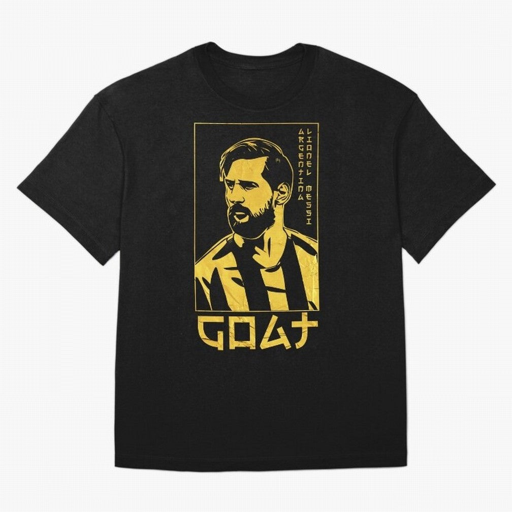 Lionel Messi Golden Style Portrait art illustration Premium T-Shirt Support Your Favorite Stars during FIFA World Cup 2026 Highlighting Cristiano Ronaldo, England, France and Netherlands Energy, Football Passion, Legendary Performances, Festival