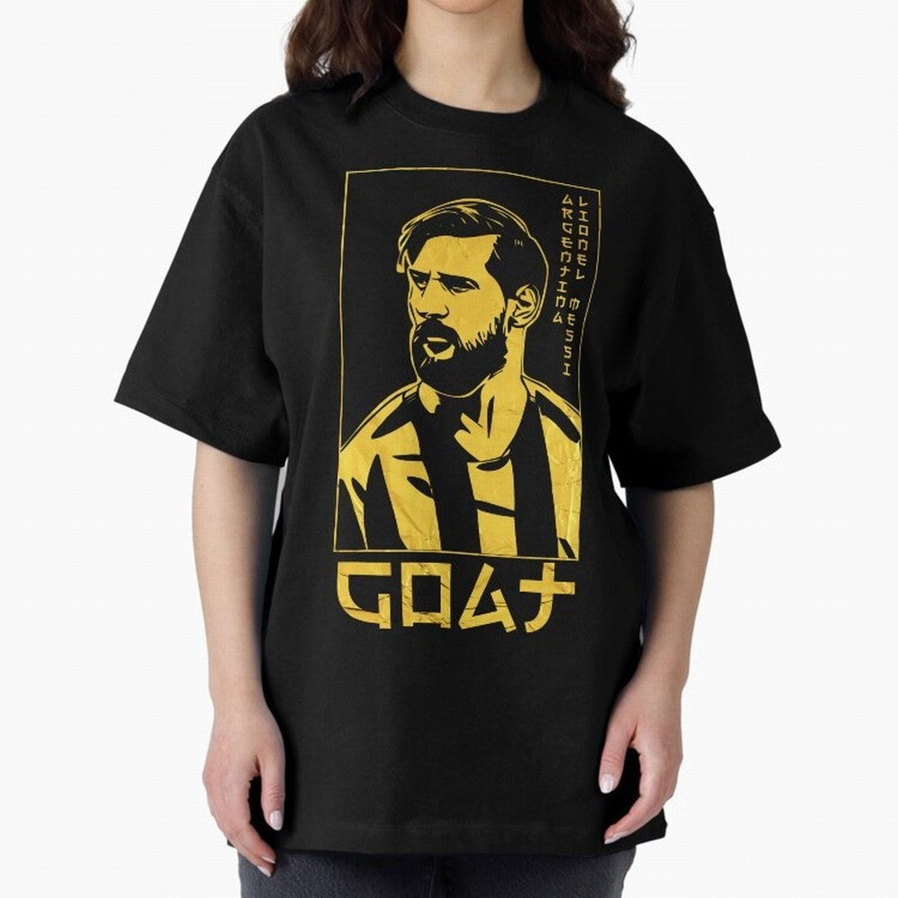 Lionel Messi Golden Style Portrait art illustration Premium T-Shirt Support Your Favorite Stars during FIFA World Cup 2026 Highlighting Cristiano Ronaldo, England, France and Netherlands Energy, Football Passion, Legendary Performances, Festival