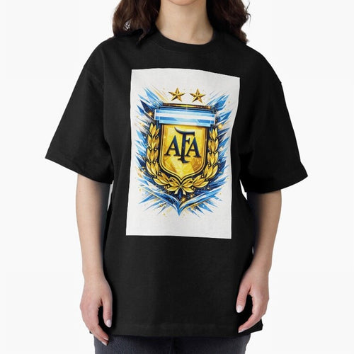 Argentina champions AFA crest gold blue soccer design Oversized T-Shirt Showcase the FIFA World Cup 2026 USA Canada Mexico Journey through CR7 and Messi Highlights, Germany Pride, Football Passion, Legendary Performances, Festival Vibes and