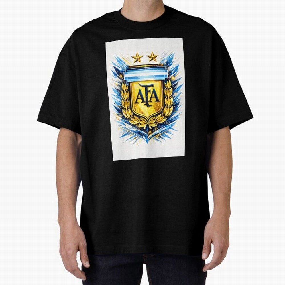 Argentina champions AFA crest gold blue soccer design Oversized T-Shirt Showcase the FIFA World Cup 2026 USA Canada Mexico Journey through CR7 and Messi Highlights, Germany Pride, Football Passion, Legendary Performances, Festival Vibes and