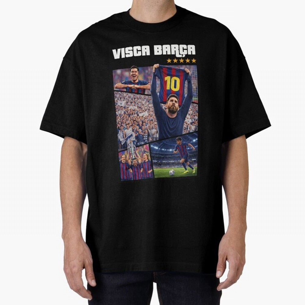 Visca Bar?a Legends Poster | Messi 10 FC Barcelona Art Oversized T-Shirt Experience the FIFA World Cup 2026 Group Stage Journey through Haaland and Mbappe Highlights, Argentina, France and Brazil Pride, Worldwide Fan Energy, Dramatic Goals, Stadium