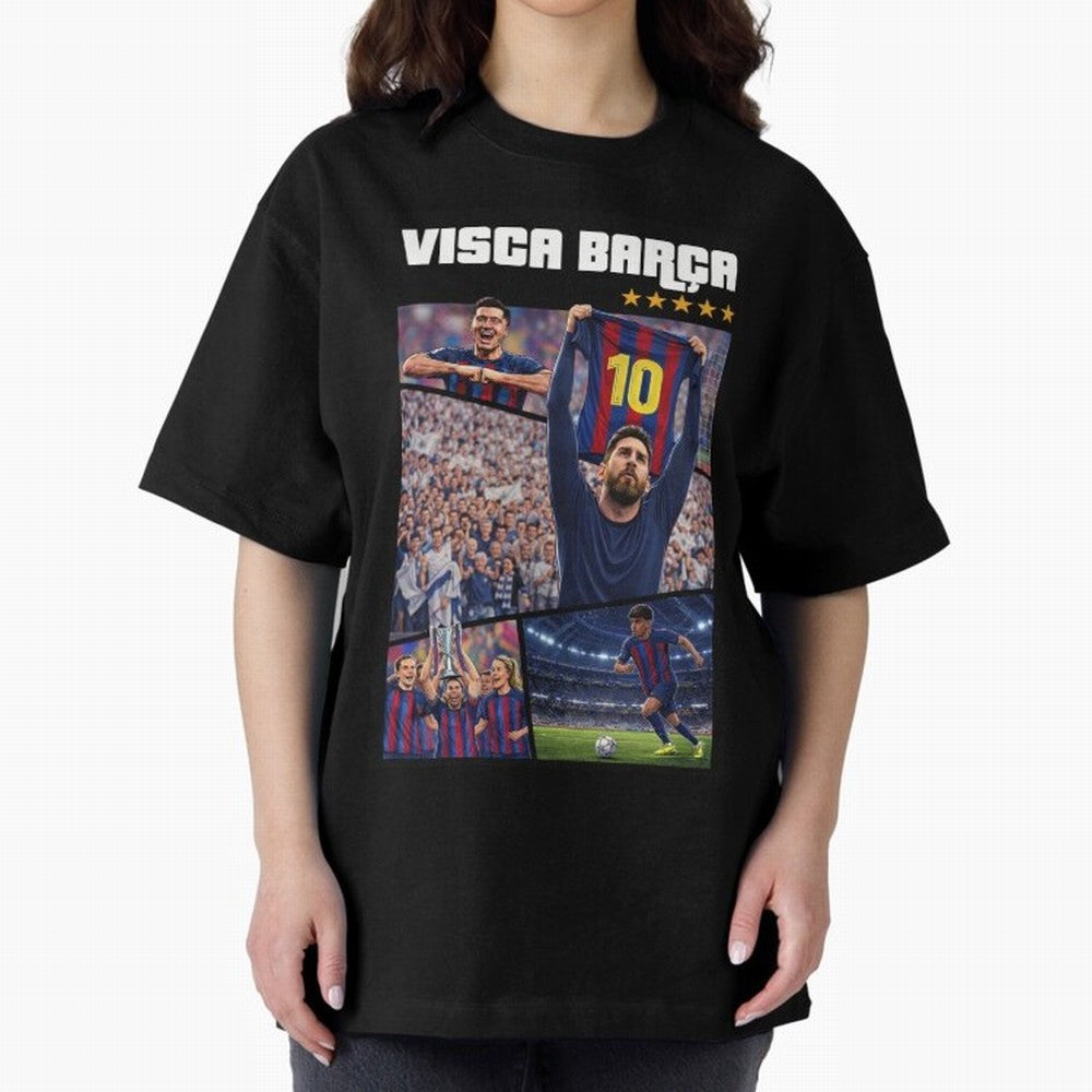 Visca Bar?a Legends Poster | Messi 10 FC Barcelona Art Oversized T-Shirt Experience the FIFA World Cup 2026 Group Stage Journey through Haaland and Mbappe Highlights, Argentina, France and Brazil Pride, Worldwide Fan Energy, Dramatic Goals, Stadium
