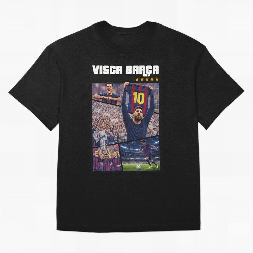 Visca Bar?a Legends Poster | Messi 10 FC Barcelona Art Oversized T-Shirt Experience the FIFA World Cup 2026 Group Stage Journey through Haaland and Mbappe Highlights, Argentina, France and Brazil Pride, Worldwide Fan Energy, Dramatic Goals, Stadium