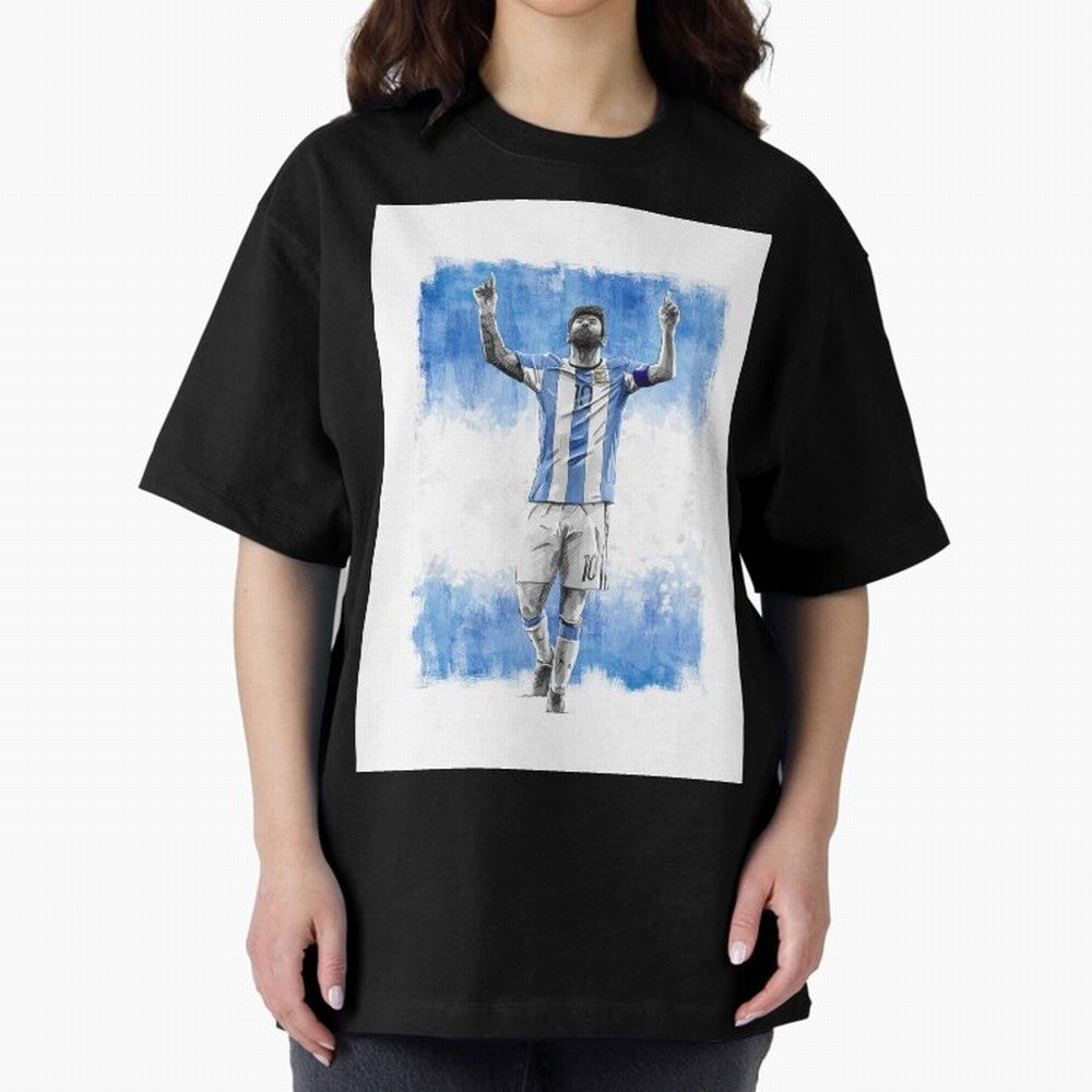 Messi Argentina Football Drawing Oversized T-Shirt Capture Stadium Memories from Match Day Hype around FIFA World Cup 2026 Group Stage, CR7, Germany, Worldwide Fan Energy, Dramatic Goals, Stadium Lights and Championship Celebrations; Perfect for