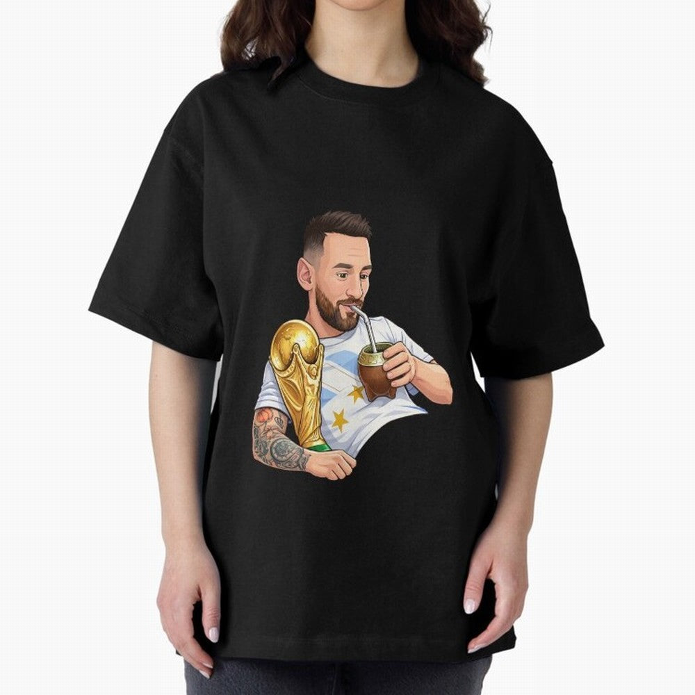 Messi drinking mate and his World Cup trophy Graphic T-Shirt Celebrate FIFA World Cup 2026 USA Canada Mexico Highlighting CR7 and Messi, Portugal, Spain and Germany Energy, Supporter Pride, Iconic Celebrations, Legendary Names and Global Match Day