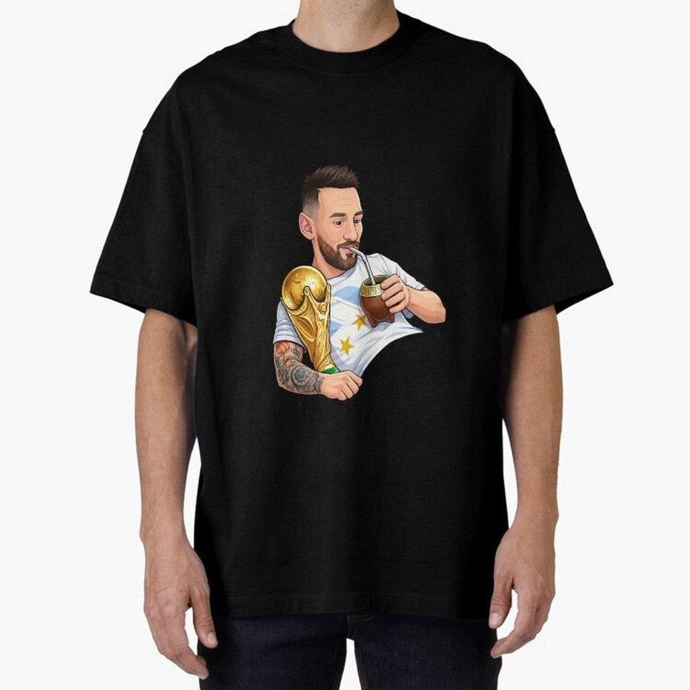 Messi drinking mate and his World Cup trophy Graphic T-Shirt Celebrate FIFA World Cup 2026 USA Canada Mexico Highlighting CR7 and Messi, Portugal, Spain and Germany Energy, Supporter Pride, Iconic Celebrations, Legendary Names and Global Match Day