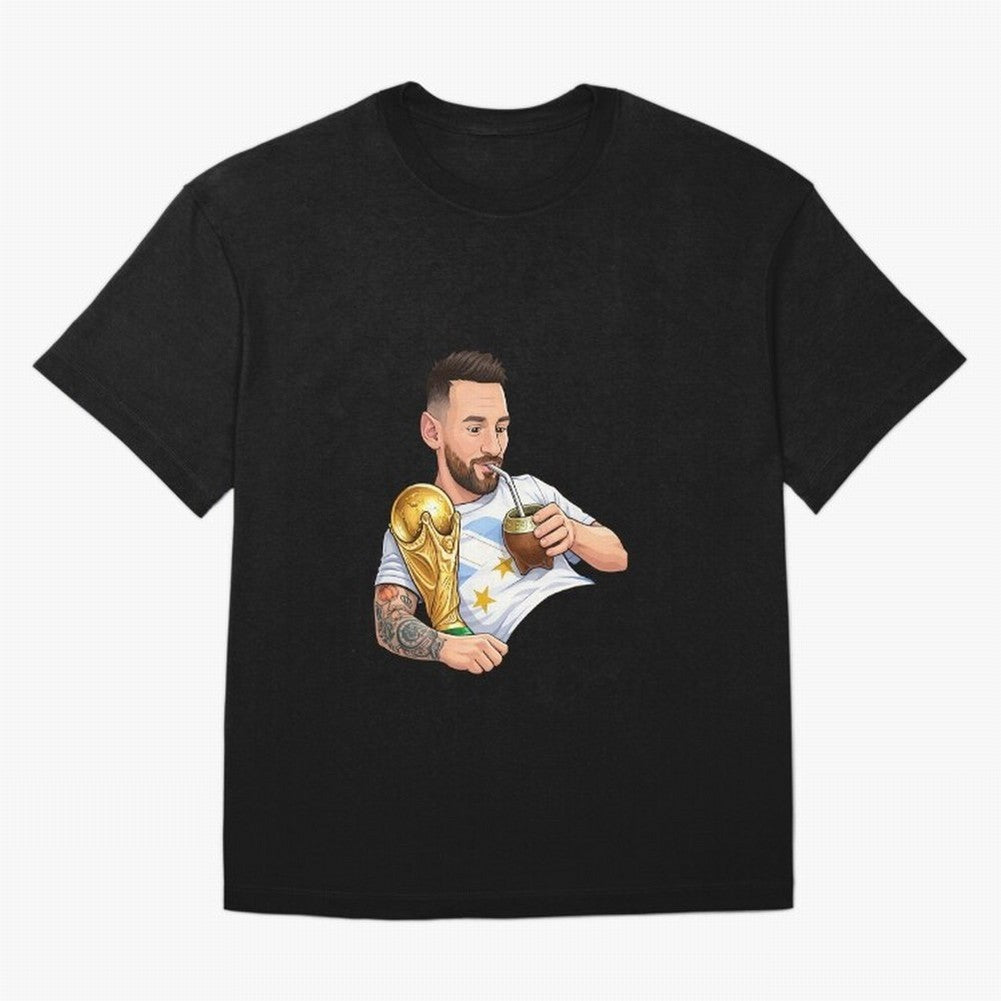 Messi drinking mate and his World Cup trophy Graphic T-Shirt Celebrate FIFA World Cup 2026 USA Canada Mexico Highlighting CR7 and Messi, Portugal, Spain and Germany Energy, Supporter Pride, Iconic Celebrations, Legendary Names and Global Match Day