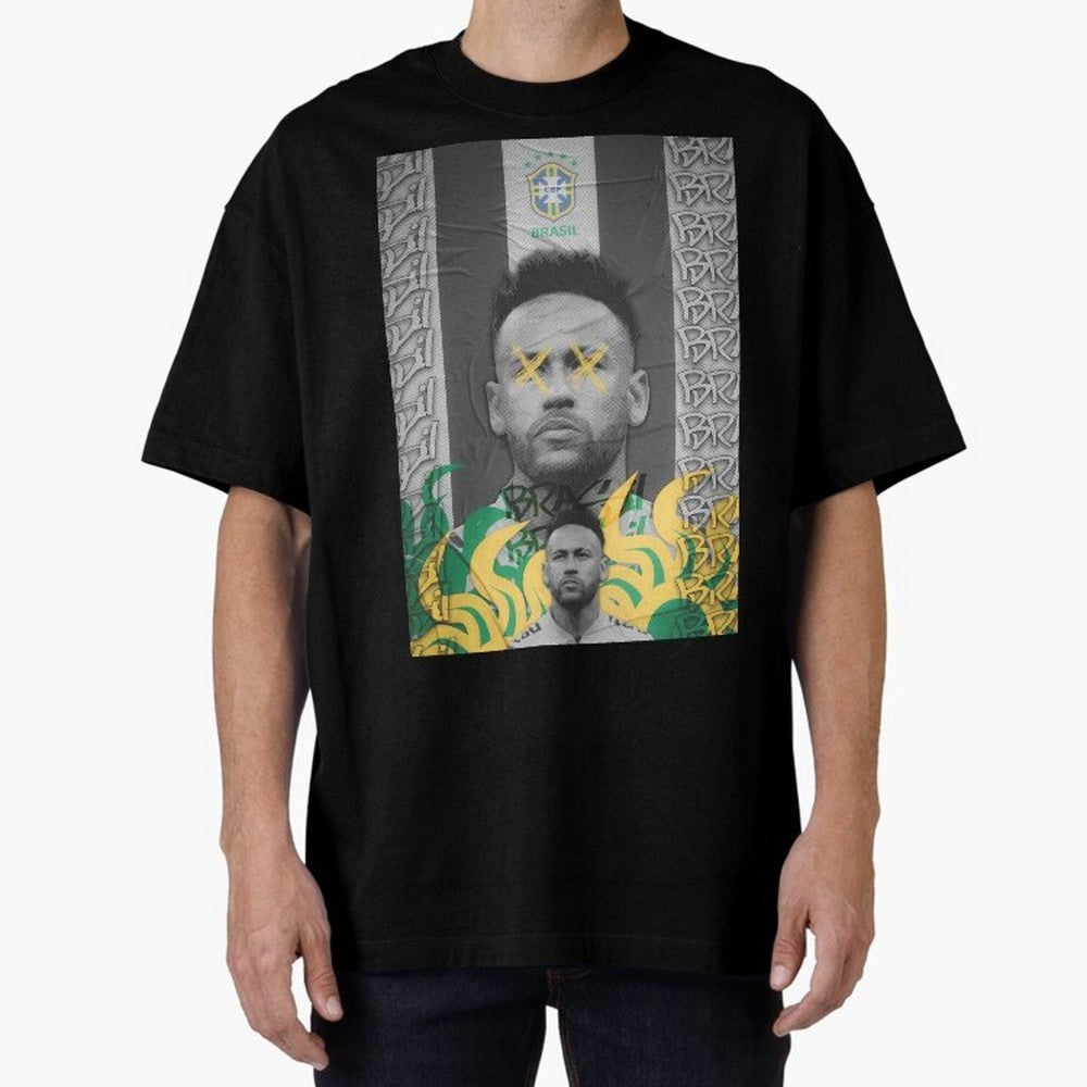Brazil Football Star Grunge Poster Oversized T-Shirt Represent Fans Who Live for the FIFA World Cup 2026 Journey through Messi, CR7 and Mbappe Highlights, Argentina, France and Brazil Pride, Football Passion, Legendary Performances, Festival Vibes