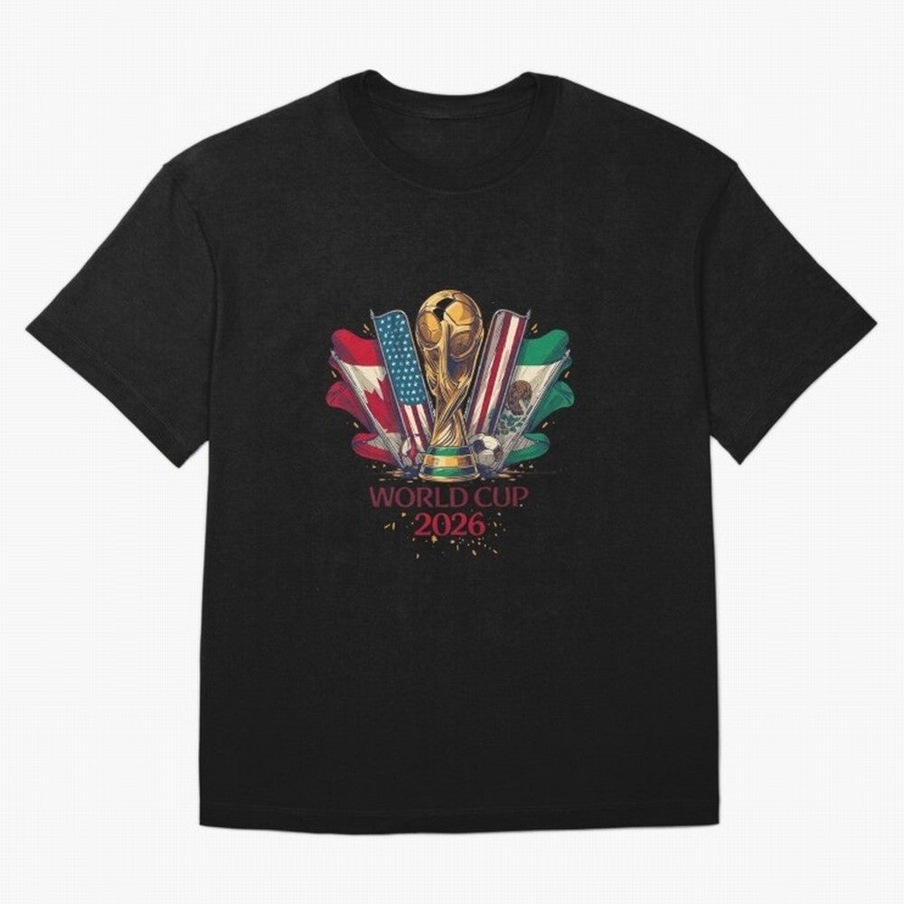 Host Trio Flags Banner Trophy Classic T-Shirt Follow Every Goal of FIFA World Cup 2026 USA Canada Mexico for Fans of Haaland and Mbappe and Brazil, Portugal and Argentina, Bringing Classic Soccer Heritage, Championship Pressure, Fan Loyalty and