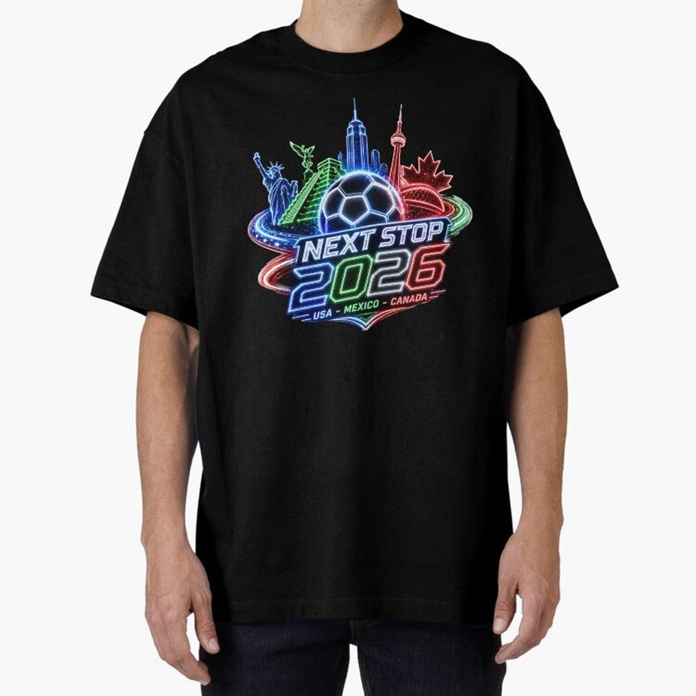 Next Stop 2026 USA Mexico Canada Neon Soccer Emblem Classic T-Shirt Show Fan Pride Across Match Day Hype around FIFA World Cup 2026 Group Stage, Messi, Neymar and Mbappe, Argentina, France and Brazil, Worldwide Fan Energy, Dramatic Goals, Stadium