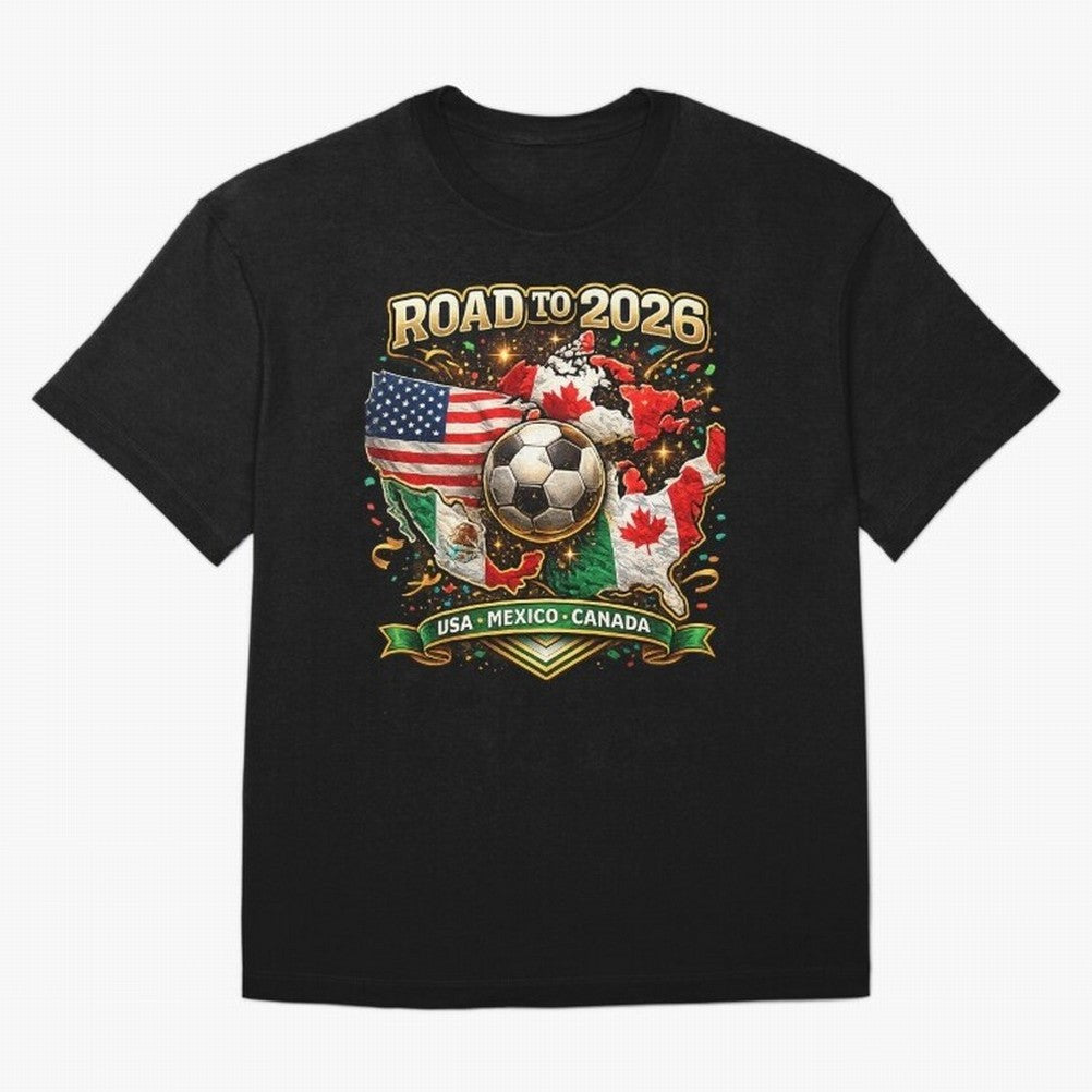 Road to 2026 Soccer Tournament - USA Mexico Canada Flags Classic T-Shirt Show Fan Pride Across Global Football Passion for FIFA World Cup 2026, Centered on Messi, CR7 and Mbappe, Spain, Tournament Hype, Historic Matchups, Family Viewing Parties and