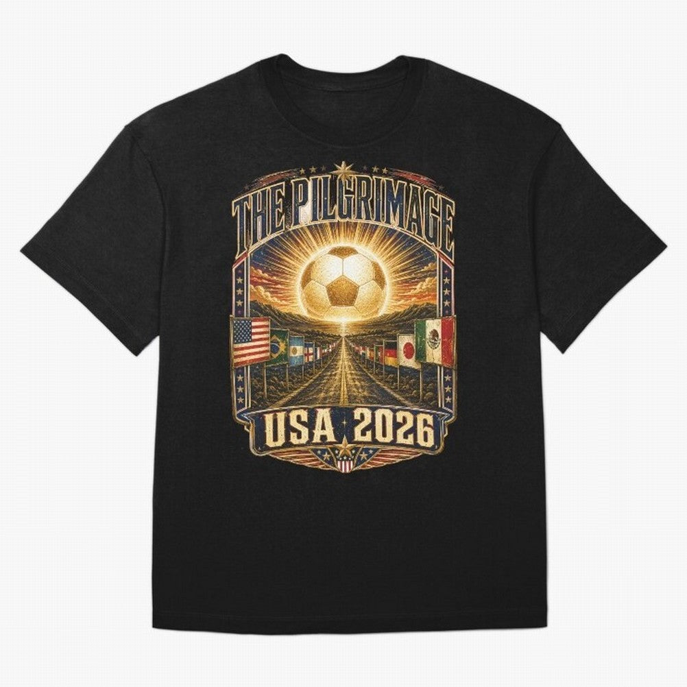 The Pilgrimage World Cup 2026 Soccer T-Shirt Classic T-Shirt Upgrade FIFA World Cup 2026 USA Canada Mexico Centered on Messi, CR7 and Mbappe, Spain Energy, Retro Football Energy, Iconic Rivalries, Trophy Chase Drama and Stadium Atmosphere; Perfect